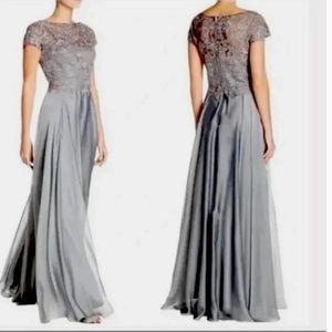 NEW LA FEMME Lace Satin A-Line Gown in Platinum 14